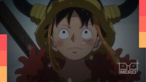 Cena de Elbaf 2026 com Luffy e Loki em meio ao reino dos gigantes, mostrando animação mais dinâmica.