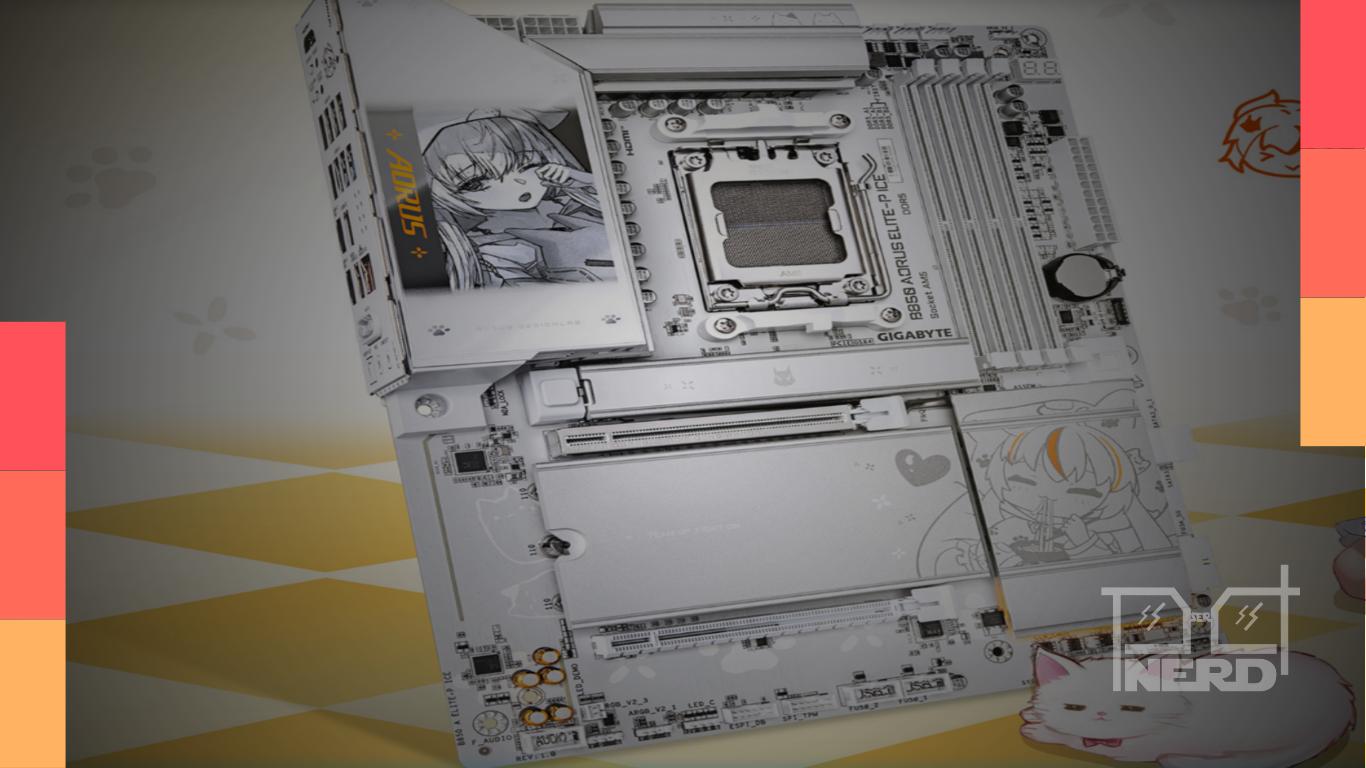 Motherboard Gigabyte B850 AORUS ELITE-P ICE AM5 com design anime branco e recursos como Wi‑Fi 7