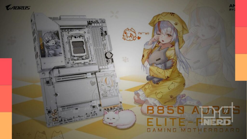 Placa-mãe GIGABYTE B850 AORUS ELITE-P ICE Ari Edition em visual preto e branco com elementos da personagem Ari