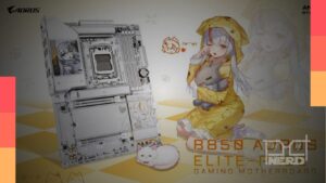 Placa-mãe GIGABYTE B850 AORUS ELITE-P ICE Ari Edition em visual preto e branco com elementos da personagem Ari