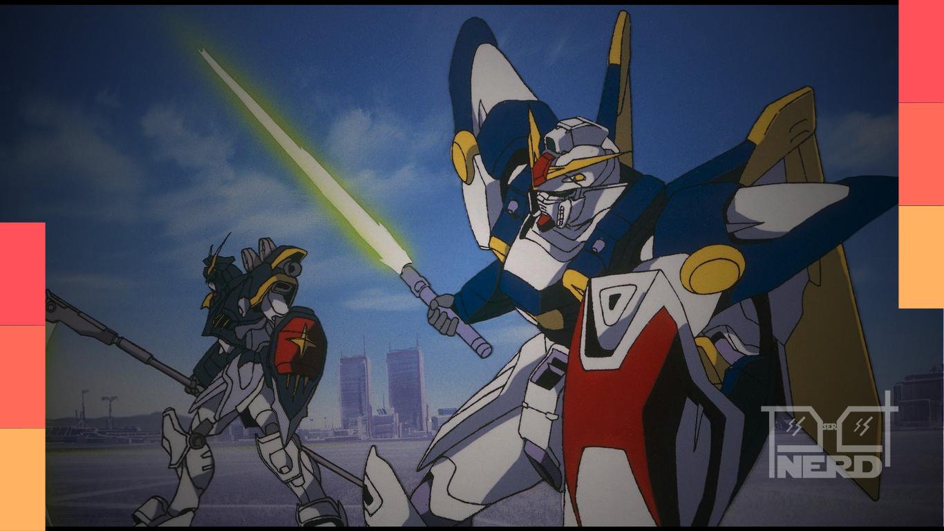 Ilustração de Mobile Suit Gundam Wing com mechas em cenário futurista, anunciando novo anime após 30 anos e remaster do Gundam original.