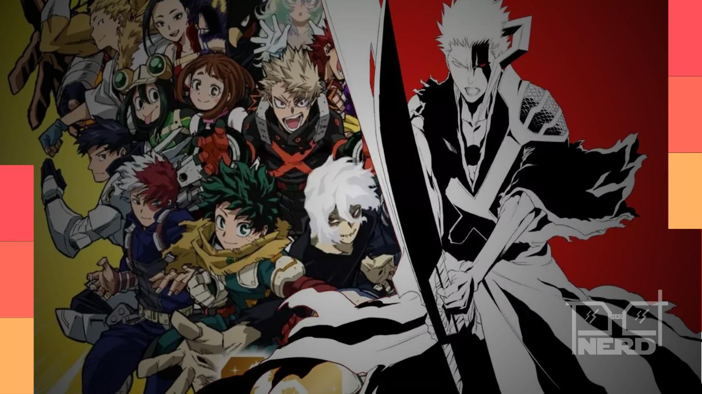 Ilustração temática com personagens de My Hero Academia e Bleach simbolizando animes que acabam em 2026