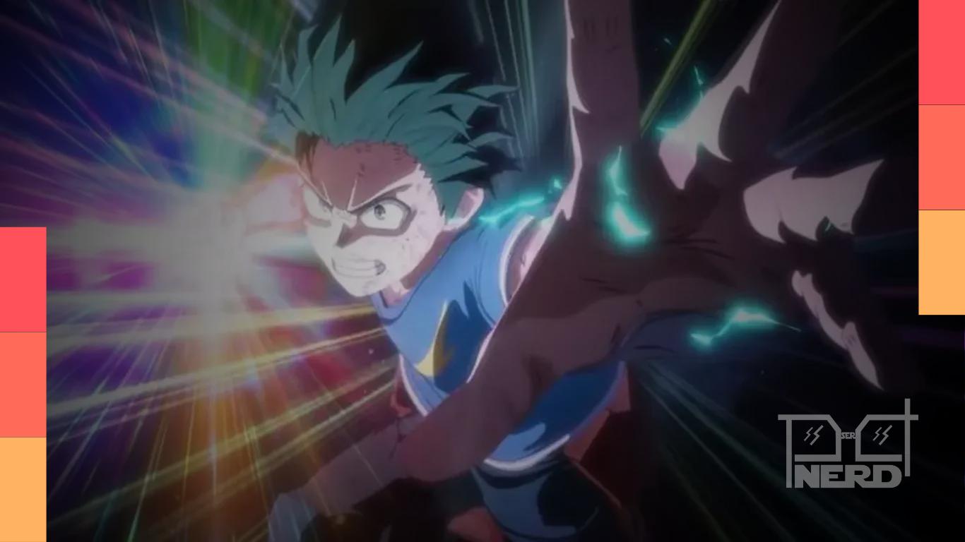 Ilustração de Izuku Midoriya e a Turma 1-A em clima de batalha final de My Hero Academia
