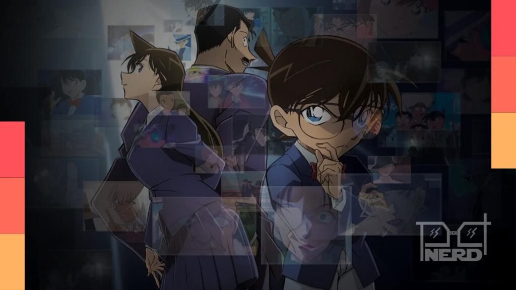 Capa temática de Detetive Conan com personagens e a indicação de episódios da coleção Intervenção do FBI na Netflix