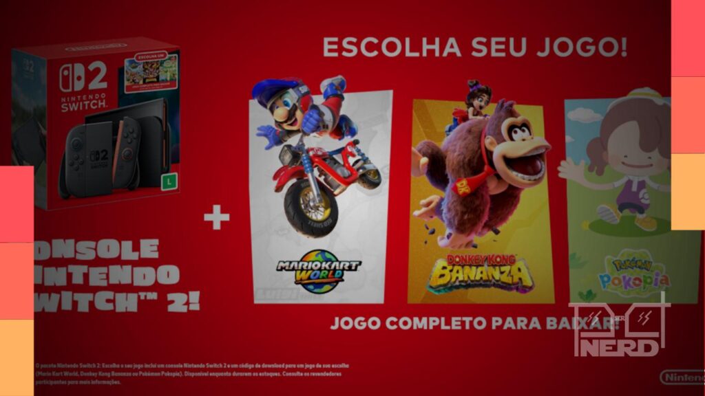 Nintendo Switch 2 com destaque para o bundle Escolha Seu Jogo e a informação de que o preço no Brasil ainda não foi divulgado