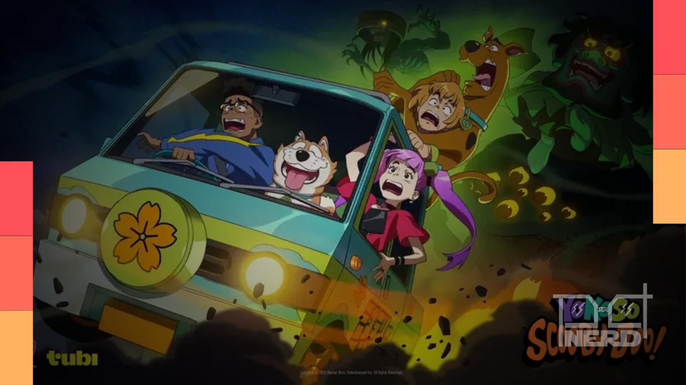 Arte promocional de Yokoso Scooby-Doo! com Scooby-Doo e Salsicha em cenário japonês sobrenatural