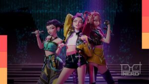 Ilustração do universo de Guerreiras do K-Pop com clima de palco inspirado em Huntrix para turnê mundial da Netflix