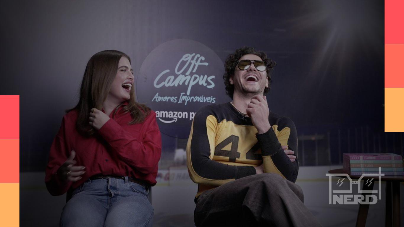 Cena promocional de Off Campus: Amores Improváveis com Hannah Wells e Garrett Graham em clima de romance universitário