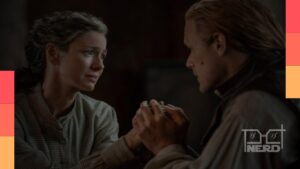 Imagem de divulgação com Caitriona Balfe e Sam Heughan de Outlander, destacando o episódio final no Disney+.