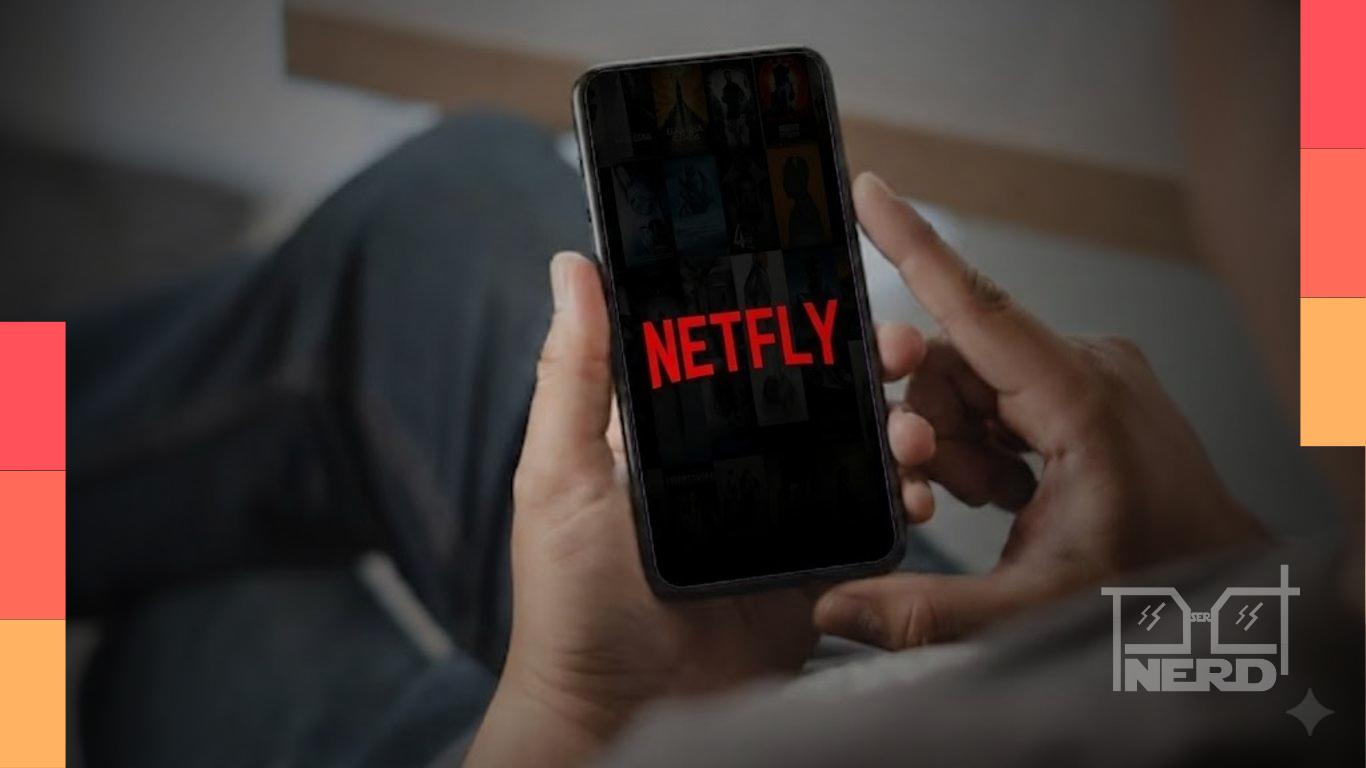 Ilustração mostrando um celular Android com aviso de segurança e ícones de filmes e séries relacionados ao Netfly APK