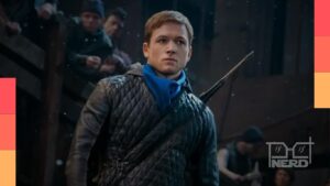 Cartaz de Robin Hood: A Origem com foco no arqueiro e temática de revolta em Nottingham