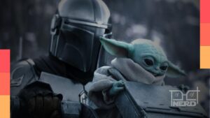 Imagem temática de Star Wars com Din Djarin e Grogu em clima de retorno aos cinemas
