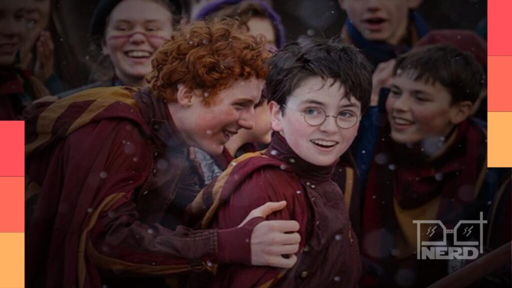 Ilustração com Dominic McLaughlin em cena de Harry Potter ao lado de referência à HBO, destacando a disputa Netflix x HBO na fantasia