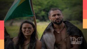Marina Fukushima e René Murad em uma cena de sobrevivência, com mata e clima de disputa em Largados e Pelados: Campeões do Mundo.