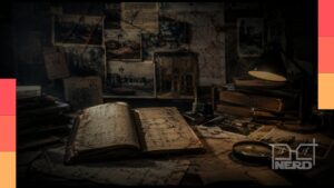 Cena com atmosfera de mistério: papéis rasgados, carimbos e símbolos estranhos ao lado de elementos de séries de suspense