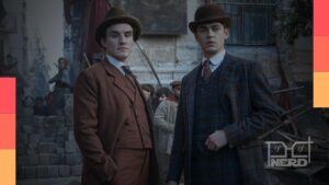 Professor Moriarty em atmosfera sombria, sugerindo uma série moderna de crimes ao lado de Sherlock Holmes.