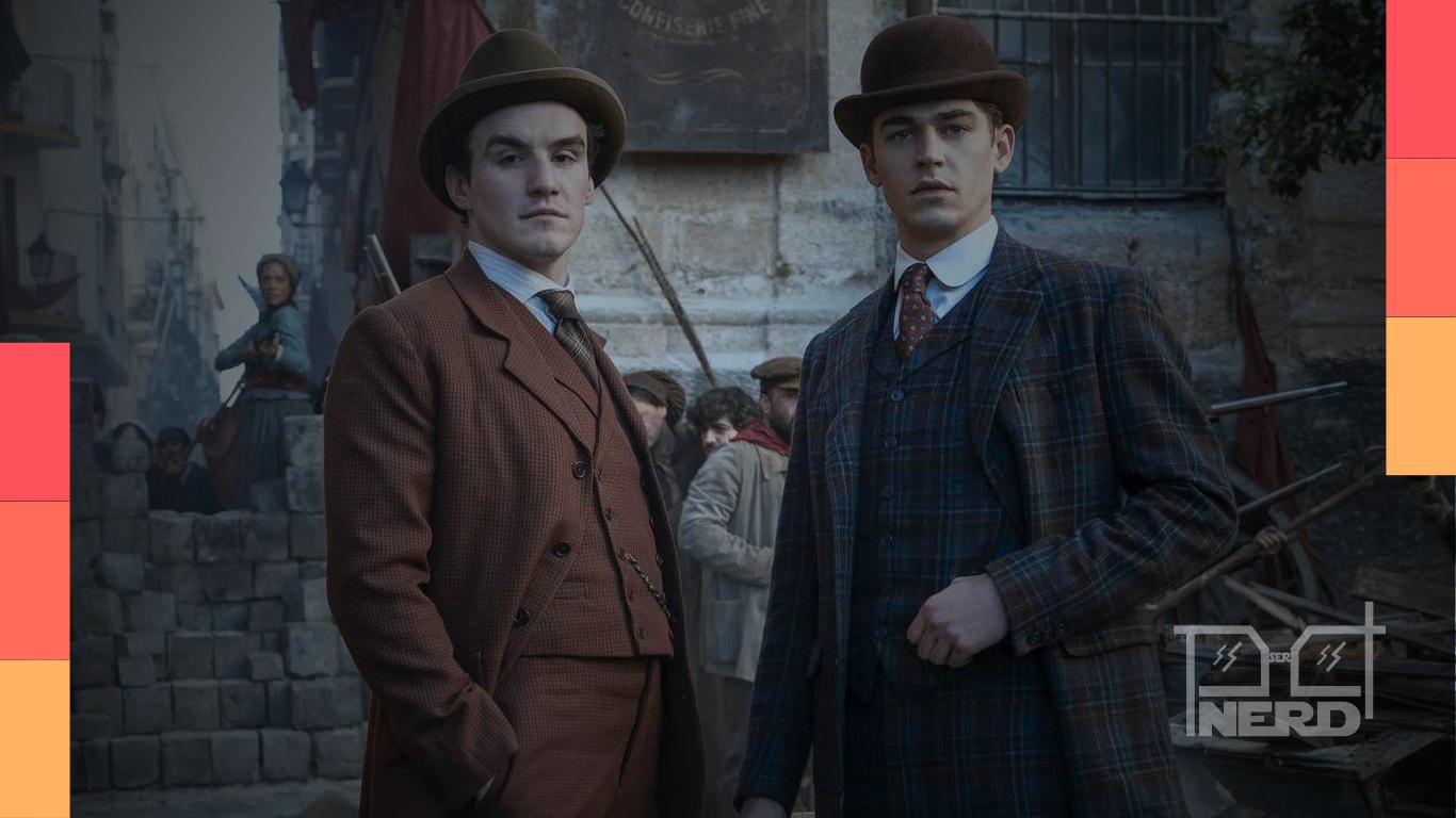 Professor Moriarty em atmosfera sombria, sugerindo uma série moderna de crimes ao lado de Sherlock Holmes.