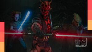 Darth Maul com sabres em cena escura, com clima neon de Janix e símbolos do Império ao fundo