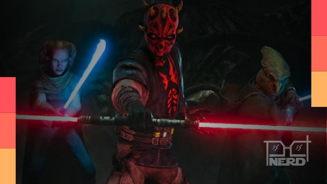 Darth Maul com sabres em cena escura, com clima neon de Janix e símbolos do Império ao fundo