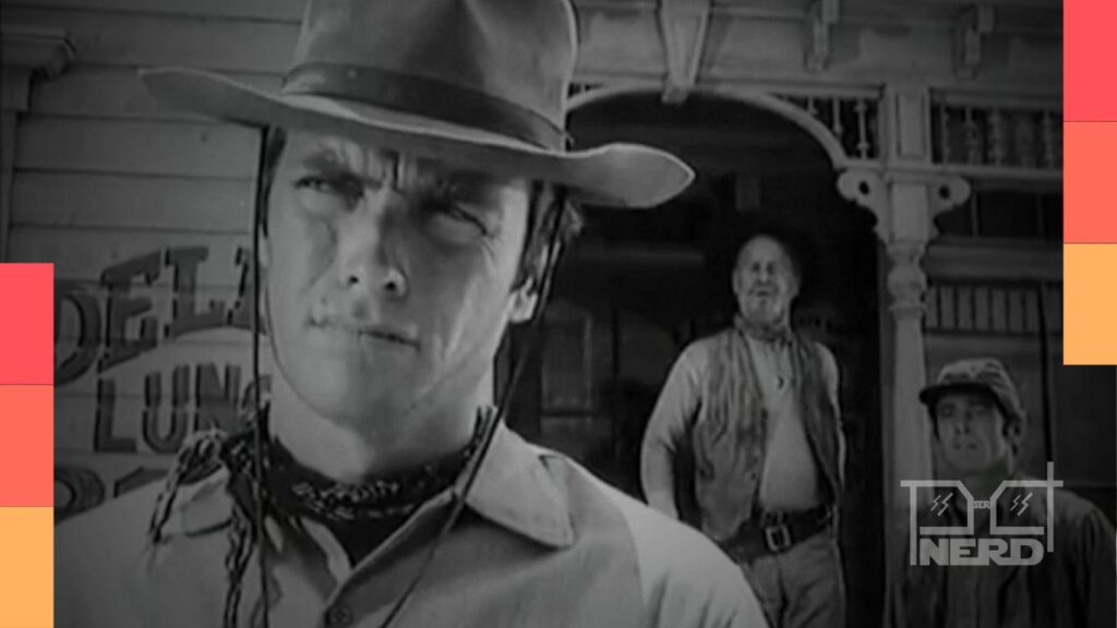 Clint Eastwood como Rowdy Yates em Rawhide, com clima de faroeste e cidade ao fundo
