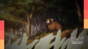 Imagem promocional do anime Would you like to be a tanuki? mostrando o tanuki Koganemaru e humanos sendo convidados