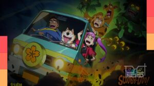 Shaggy e Scooby-Doo em estilo anime em cenário japonês com monstros ao fundo