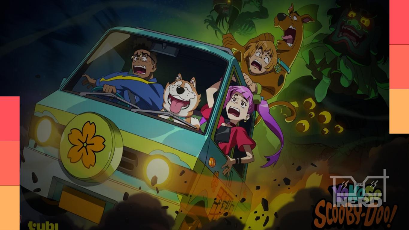 Shaggy e Scooby-Doo em estilo anime em cenário japonês com monstros ao fundo