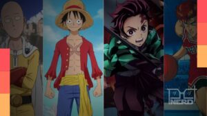 Ilustração com destaque para One Piece, Demon Slayer e outros animes famosos disponíveis para assistir na Netflix