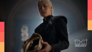 Dragão em chamas e navios na Batalha da Goela ao fundo, com a data e horário da estreia de A Casa do Dragão 3ª temporada na HBO Max.