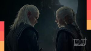 Dragão em chamas e o símbolo dos Targaryen ao lado do Trono de Ferro em estilo fantasia para ilustrar o resumo das duas primeiras temporadas de A Casa do Dragão