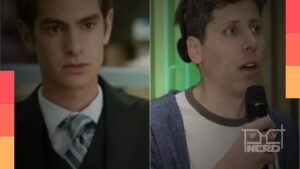 Foto ilustrativa com referências ao filme Artificial e ao universo da OpenAI, com destaque para Sam Altman e a Amazon MGM Studios