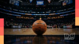 Ilustração estilizada de um jogador de anime com bola e clima de partida decisiva, remetendo à NBA e finais esportivas