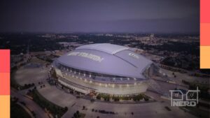 Imagem ilustrativa do jogo Argentina x Áustria no AT&T Stadium, em Dallas, com atletas e a Copa do Mundo