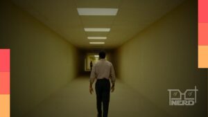 Corredor sombrio com luz fluorescente típico de Backrooms, sugerindo a versão estendida do filme