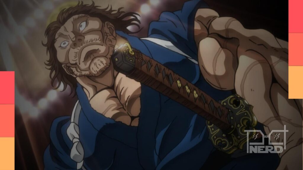 Ilustração de Baki-Dou com o clone de Miyamoto Musashi encarando o protagonista em clima de luta na Netflix