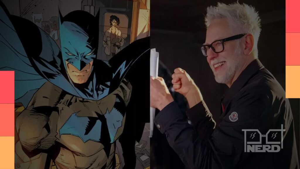 Ilustração de Batman ao lado de James Gunn, com Gotham ao fundo, sugerindo The Brave and the Bold no DCU