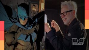 Ilustração de Batman ao lado de James Gunn, com Gotham ao fundo, sugerindo The Brave and the Bold no DCU