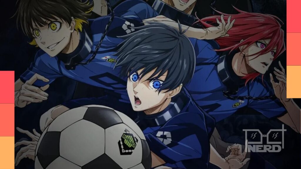 Ilustração com bola de futebol e personagens de animes como Blue Lock, Ao Ashi e Supercampeões