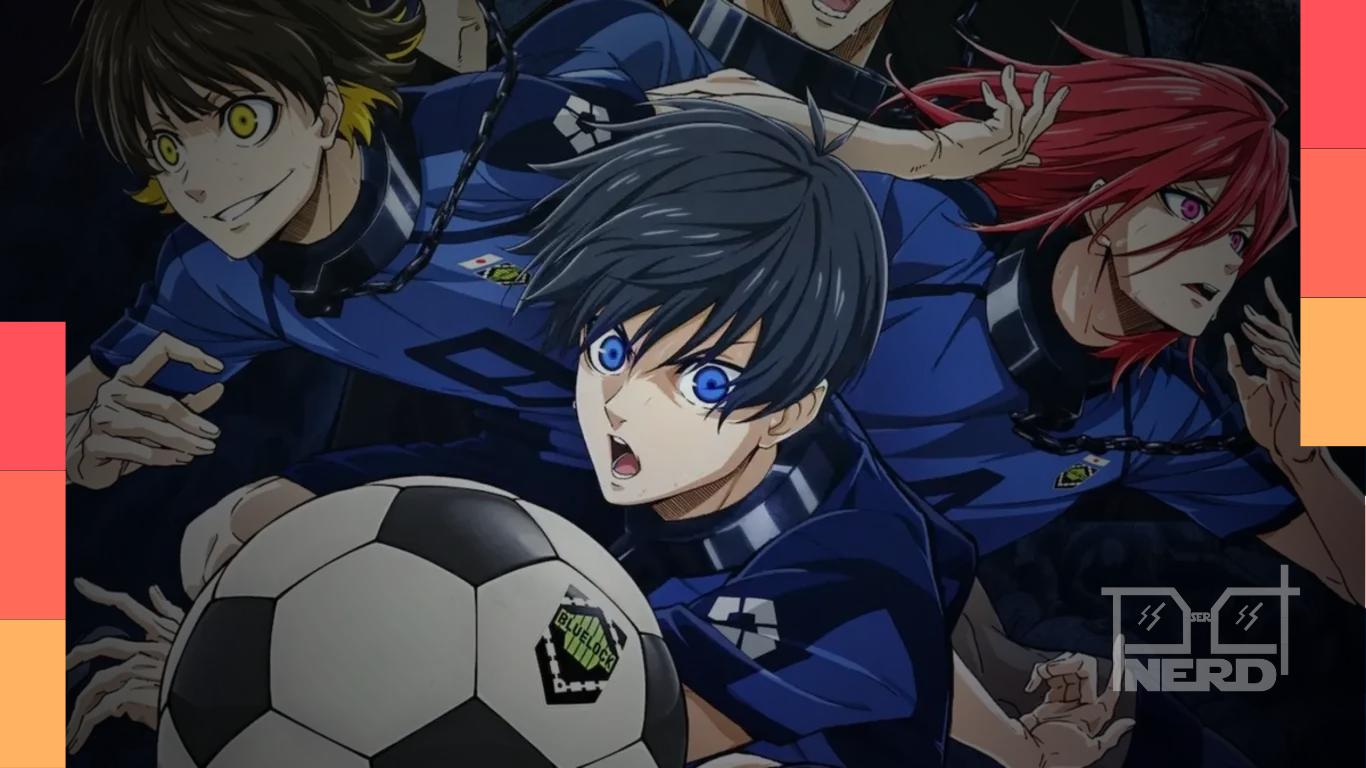 Ilustração com bola de futebol e personagens de animes como Blue Lock, Ao Ashi e Supercampeões