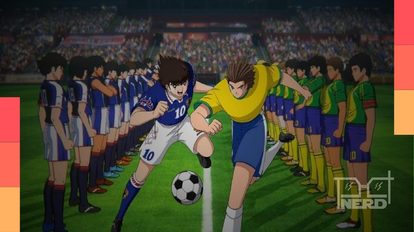 Ilustração estilo anime com dois jogadores representando Brasil e Japão disputando a bola em um estádio, simbolizando o jogo das oitavas da Copa do Mundo e a referência a Super Campeões.