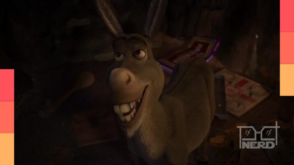 Ilustração do personagem Burro em estilo de animação, referência ao spin-off de Shrek com Eddie Murphy