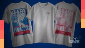 Camisetas Sonic x Olimpíadas com Sonic no basquete, Amy no tênis, Tails no skate, Knuckles no levantamento de peso e Shadow no futebol