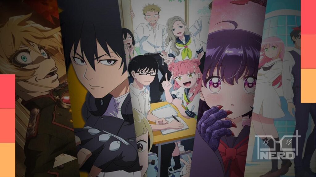 Ilustração geek de animes com destaque para Black Torch e Saga of Tanya the Evil em meio ao anúncio de dublagens da Crunchyroll