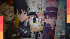 Ilustração geek de animes com destaque para Black Torch e Saga of Tanya the Evil em meio ao anúncio de dublagens da Crunchyroll