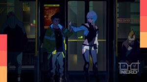 Ilustração cyberpunk com estética neon e silhueta de personagem de Cyberpunk: Mercenários