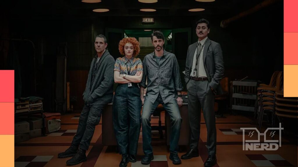 Foto promocional de Dept. Q com elenco e set de gravação da Netflix