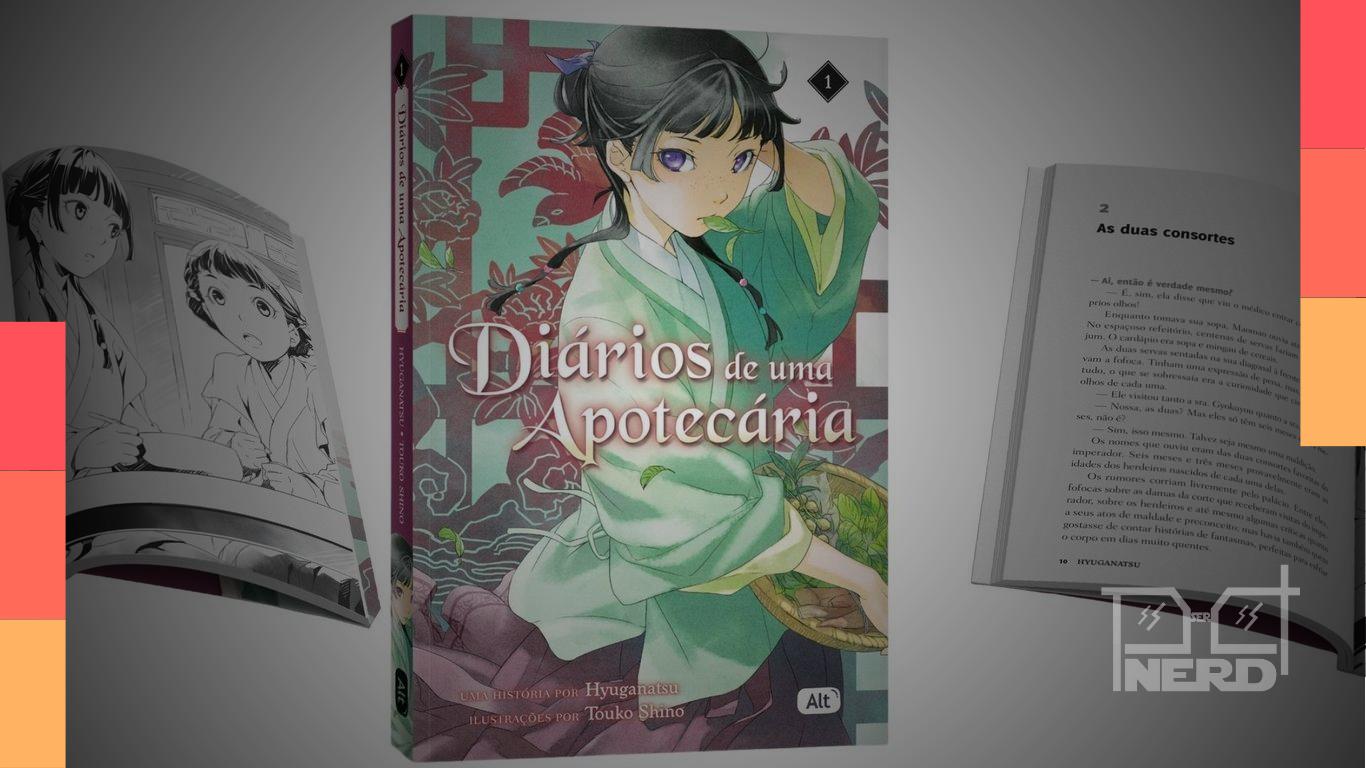 Capa temática de Diários de uma Apotecária com Maomao e elementos de ervas e mistério
