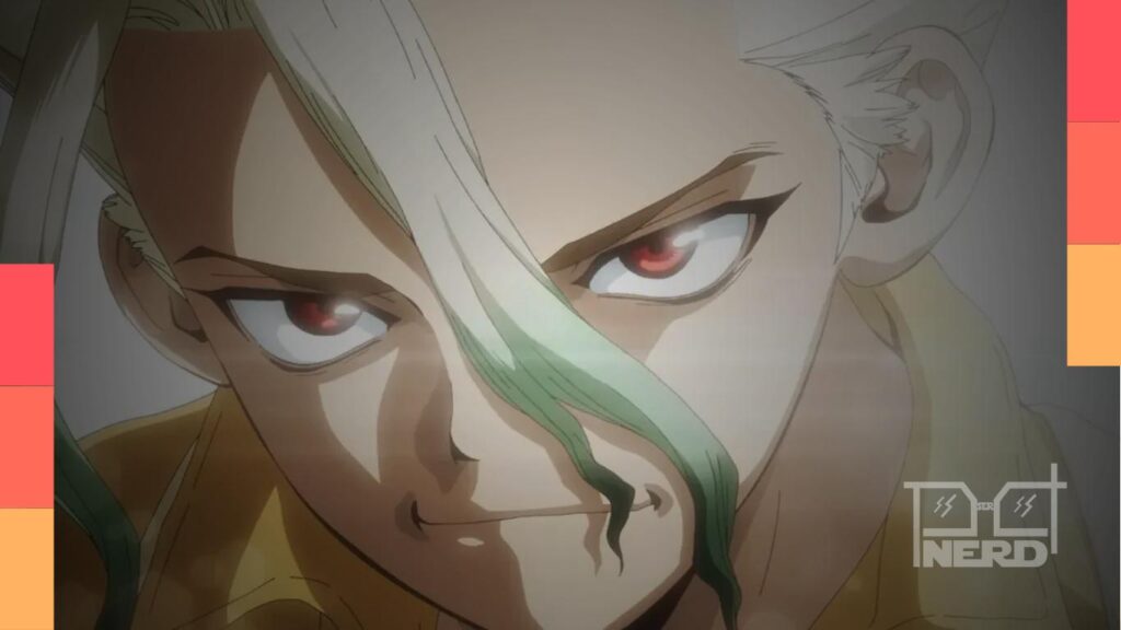 Senku em destaque em cena do episódio final de Dr. Stone com clima de encerramento da série