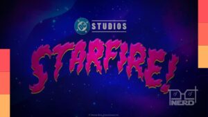 Estelar! personagem Starfire em estilo de animação infantil durante painel da DC Studios