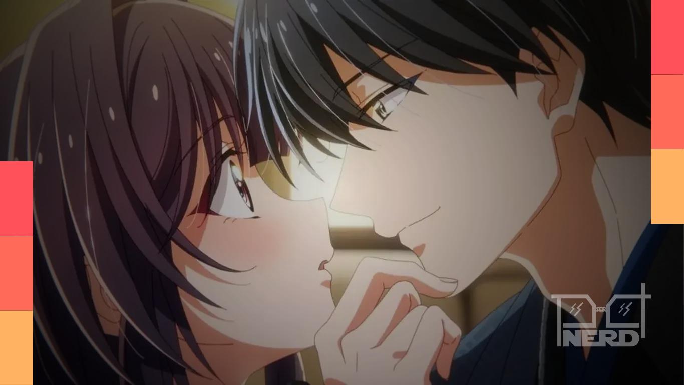 Ilustração temática de Fall in Love, False Angels com clima de comédia romântica e anúncio do anime para 2027